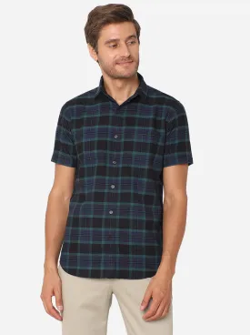 Blue & Black Checked Slim Fit Semi Casual Shirt | JadeBlue