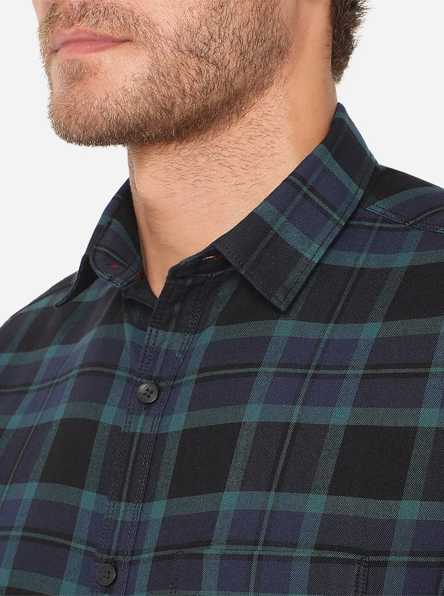 Blue & Black Checked Slim Fit Semi Casual Shirt | JadeBlue