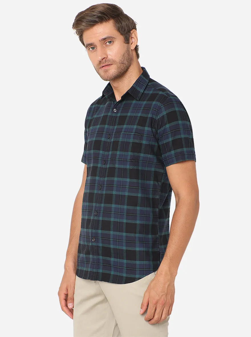 Blue & Black Checked Slim Fit Semi Casual Shirt | JadeBlue