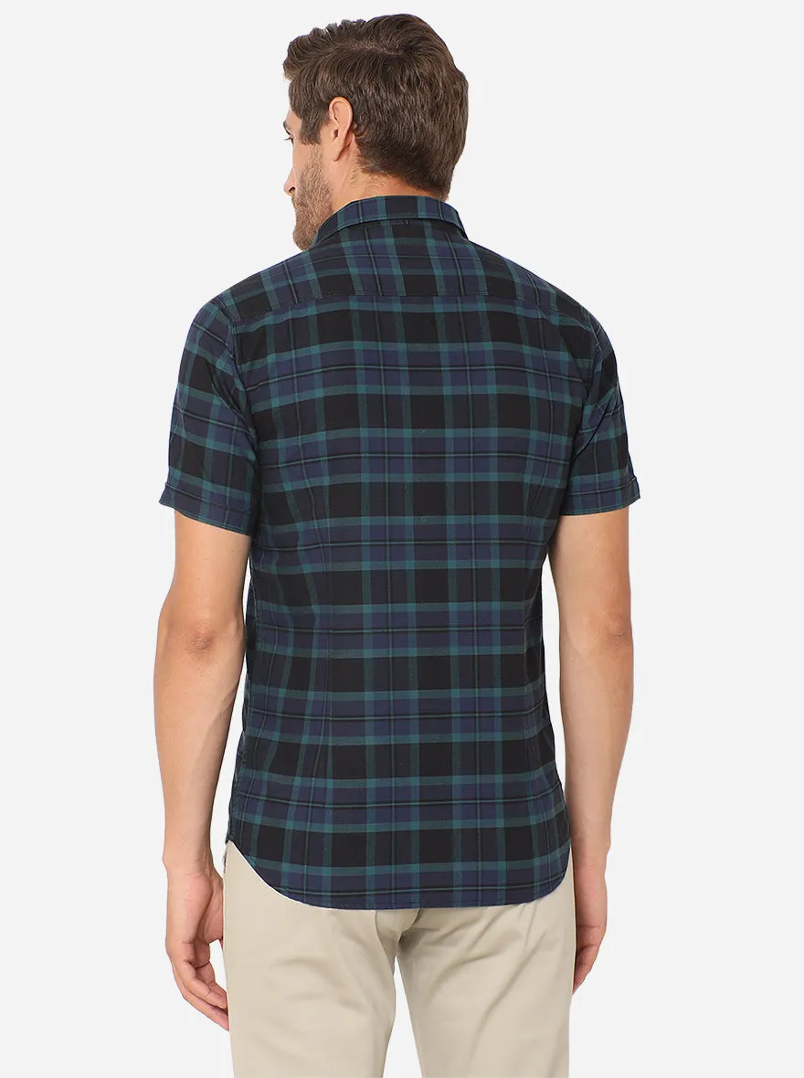 Blue & Black Checked Slim Fit Semi Casual Shirt | JadeBlue