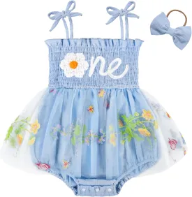 HONGTEYA Baby Girl 1st Birthday Outfit Girl First Birthday Clothes One Year Old Gifts Lace Romper Tulle Summer Newborn Dress