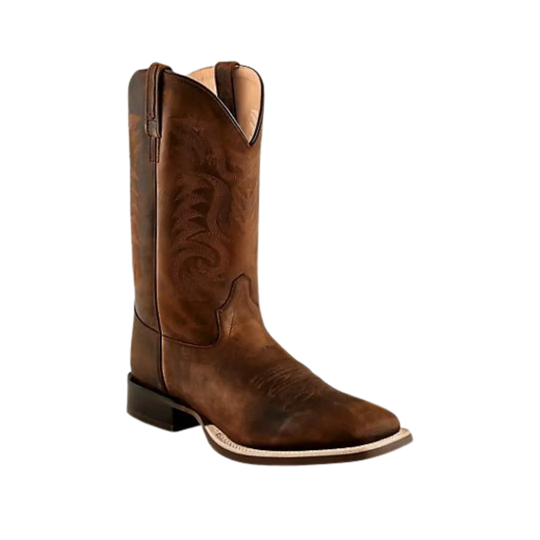Old West Mens Broad Square Toe Brown Leather Cowboy Boots