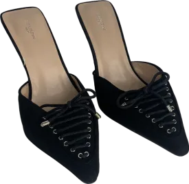 PrettyLittleThing Black Faux Suede Wide Fit Point Toe Laced Bow Detailed Heeled Mules UK 3 EU 36 👠