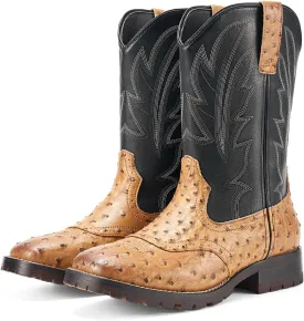 Rollda Cowboy Boots for Men Western Boots Square Toe Chunky Heel Mid-Calf Boots Classic Embroidered with Pull On Tabs