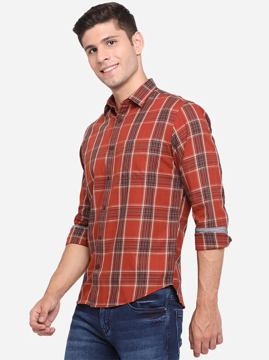 Russet Brown Checked Slim Fit Casual Shirt | Greenfibre