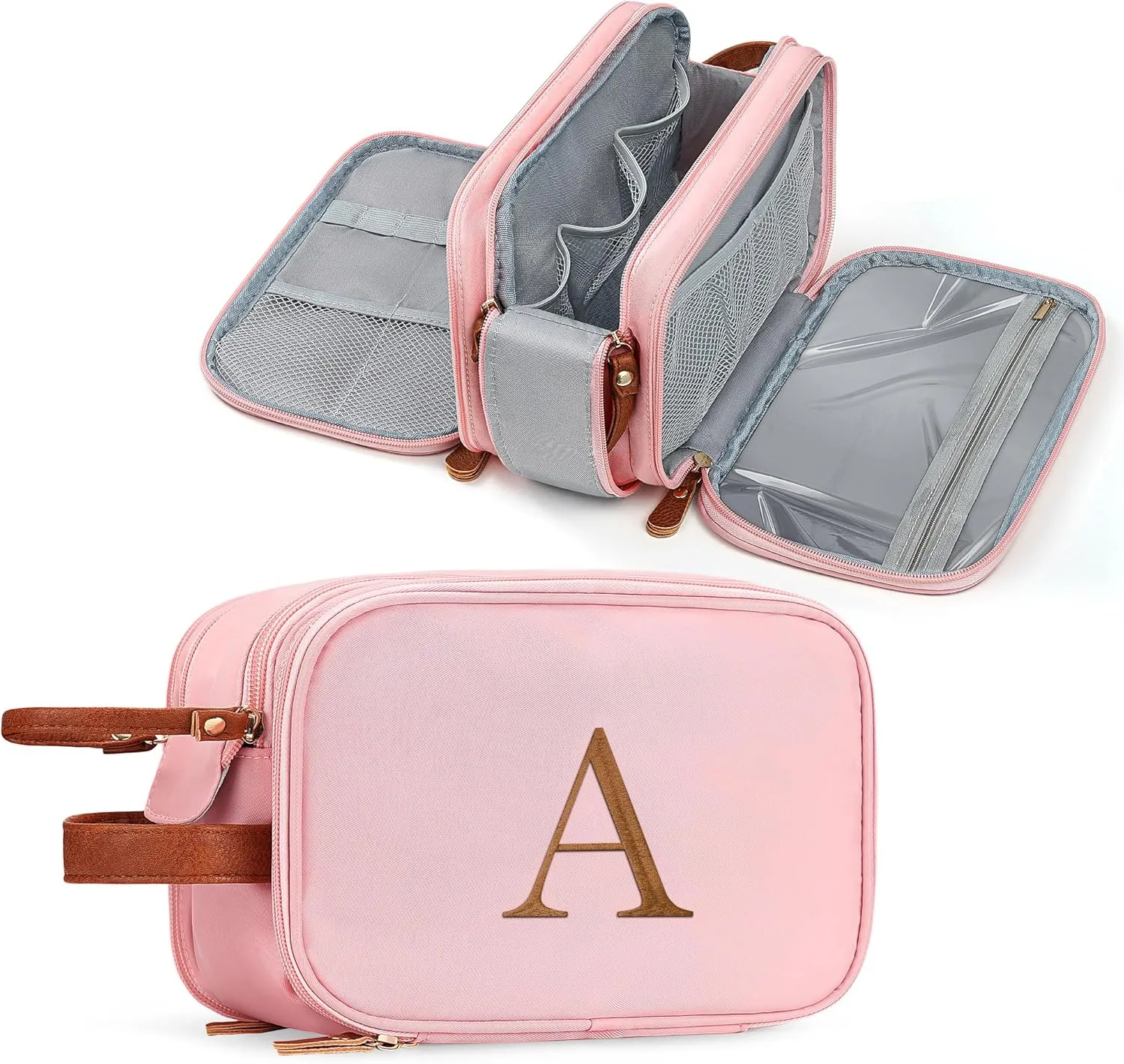 YOOLIFE Travel Toiletry Bag - Toiletry Bag for Women | Large Capacity Personalized Gifts for Women Her Girlfriend Mom Gifts | Travel Accessories Toiletries Water Resistant Dopp Kit Letter A, Pink