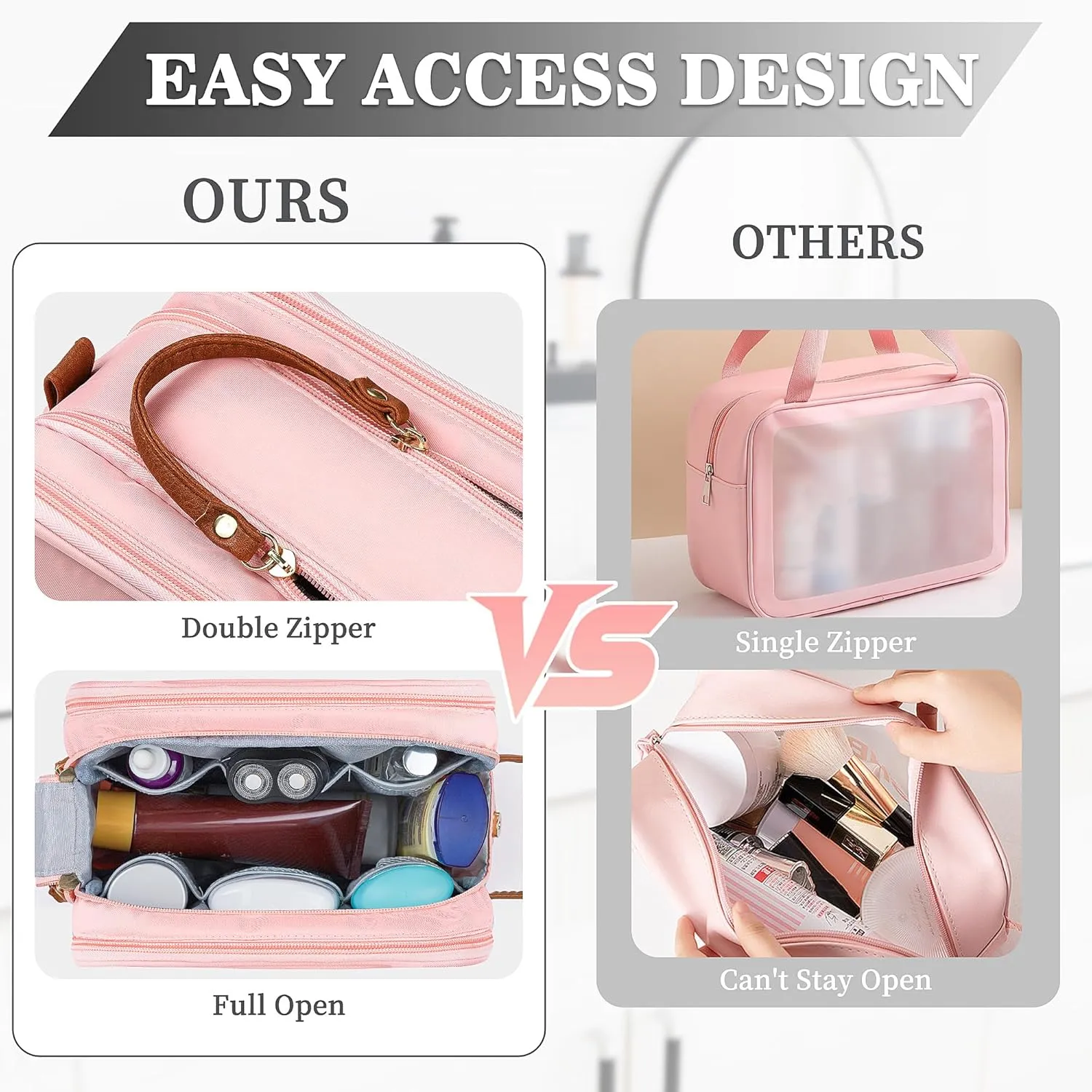 YOOLIFE Travel Toiletry Bag - Toiletry Bag for Women | Large Capacity Personalized Gifts for Women Her Girlfriend Mom Gifts | Travel Accessories Toiletries Water Resistant Dopp Kit Letter A, Pink