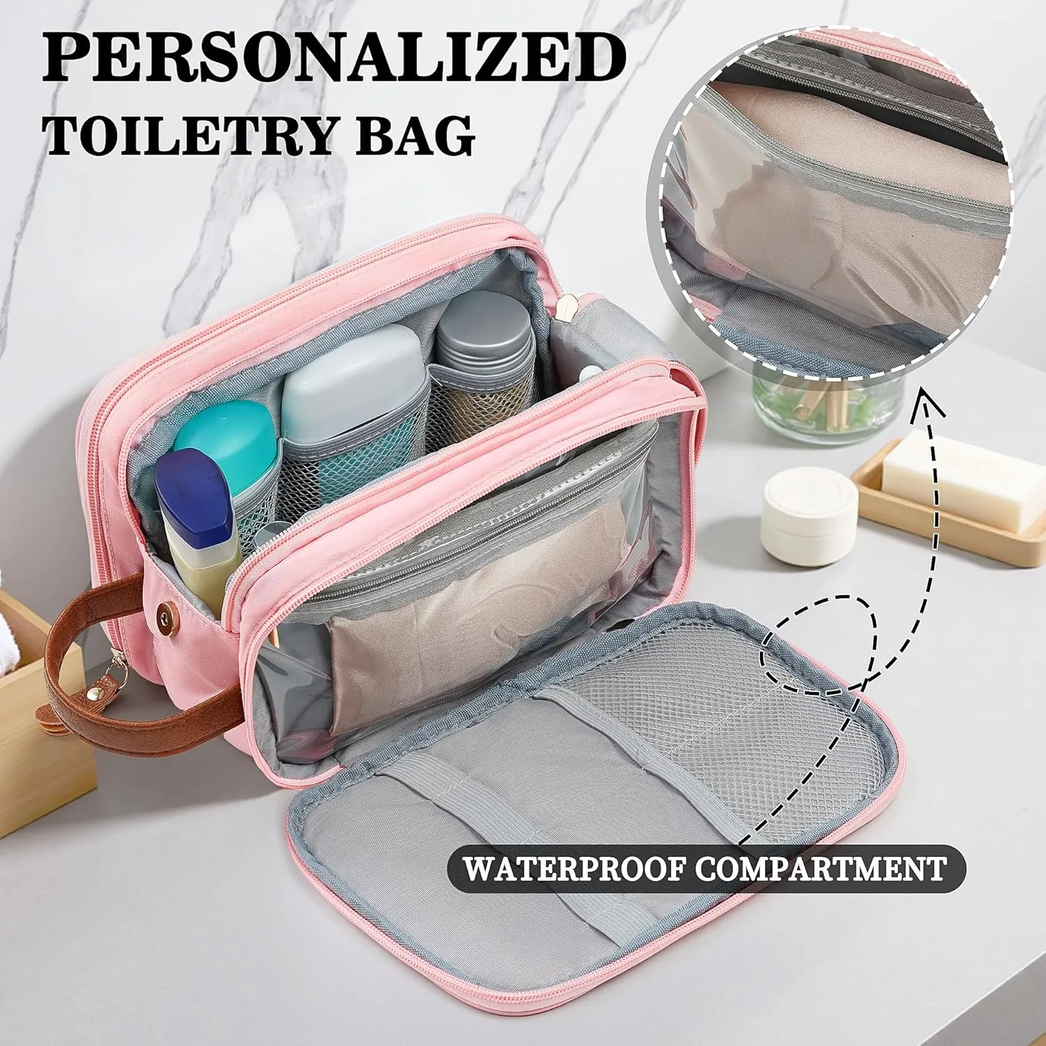 YOOLIFE Travel Toiletry Bag - Toiletry Bag for Women | Large Capacity Personalized Gifts for Women Her Girlfriend Mom Gifts | Travel Accessories Toiletries Water Resistant Dopp Kit Letter A, Pink